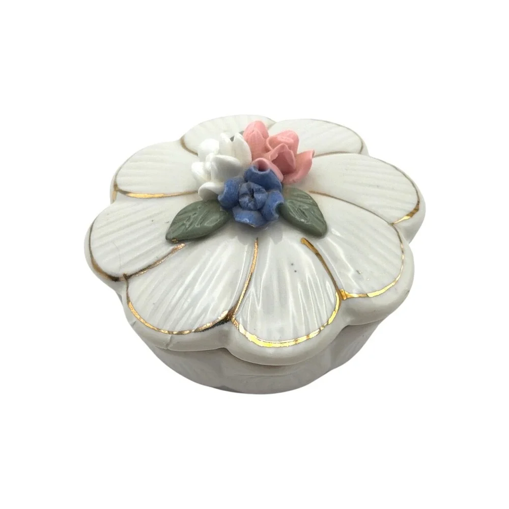Vintage Porcelain Flower Trinket Box Gold Trim Floral Applied Rose Jewelry Dish